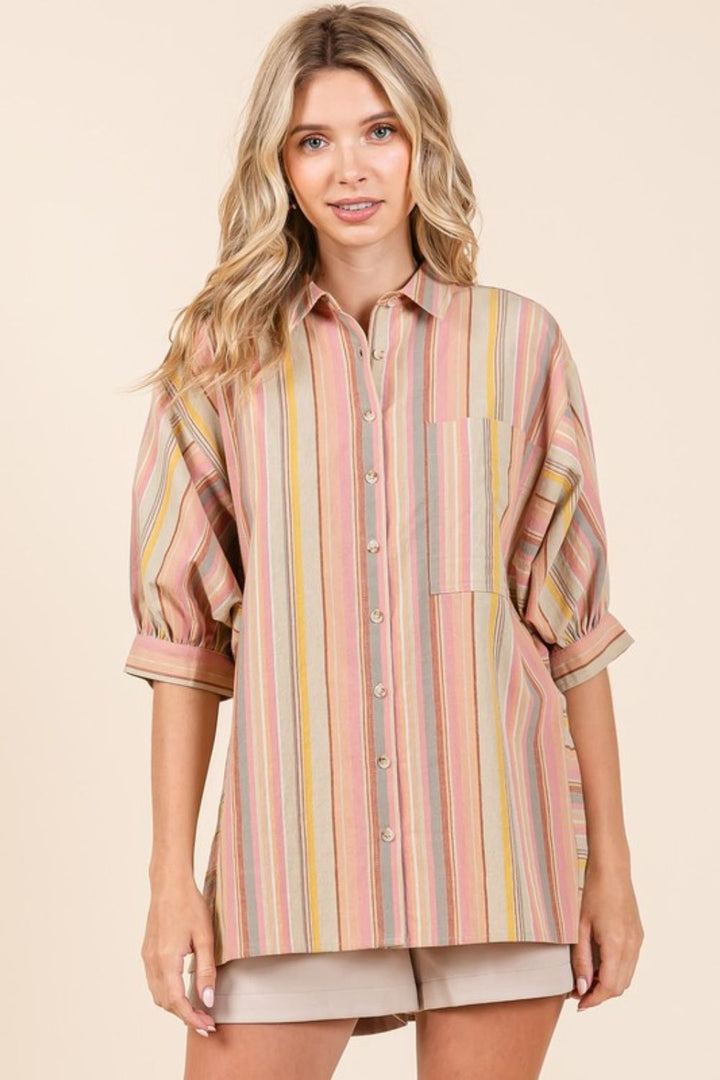 Mittoshop Striped Bubble Sleeve Button Down Top In Multicolor