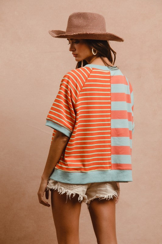 BiBi Striped French Terry Top In Coral