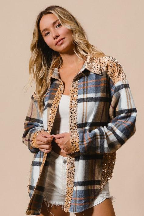 BiBi Curved Hem Sequin Plaid Button Up Shacket In Latte