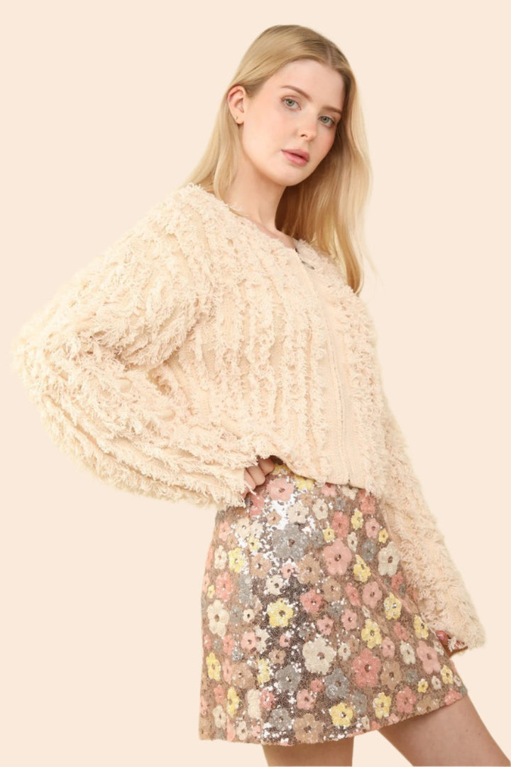 VERY J Shaggy Yarn Knit Zip Up Jacket In Cream