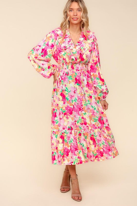 Haptics Floral Surplice Balloon Sleeve Dress with Side Pockets In Multi