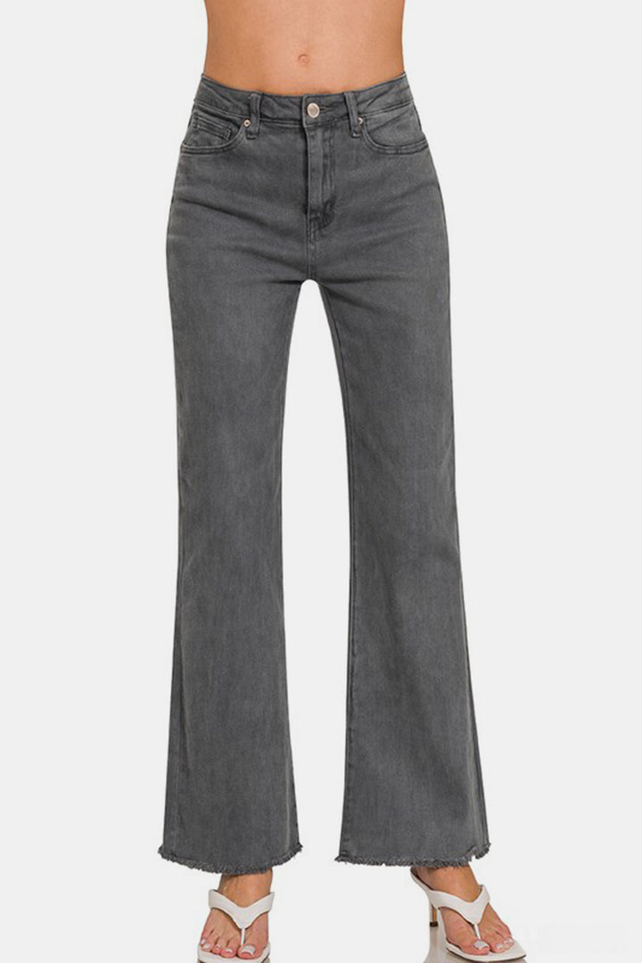 Zenana Acid Washed Frayed Hem Bootcut Jeans In Dark Gray