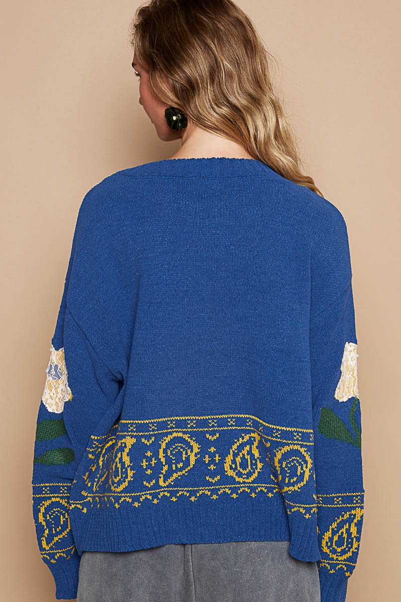 POL Flower Lace Patch Long Sleeve Sweater In Blue