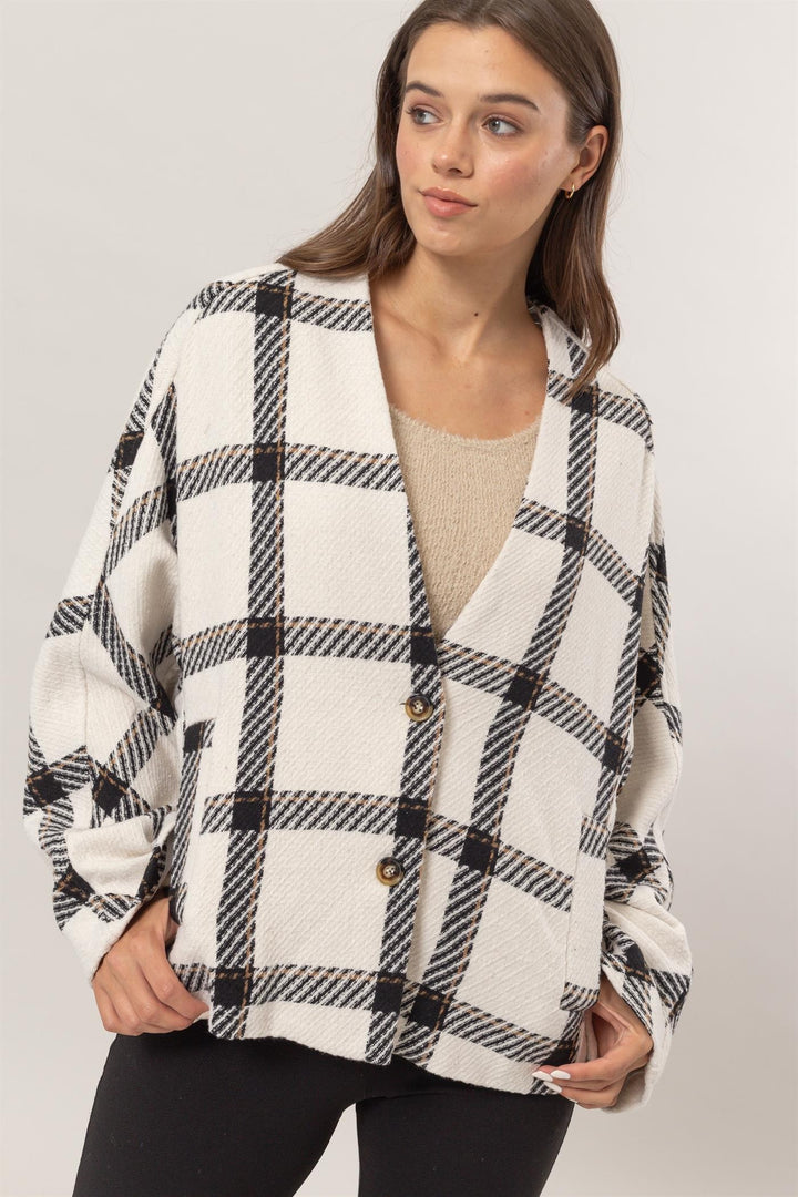 HYFVE Plaid Long Sleeve Jacket with Side Slit Pockets In Cream