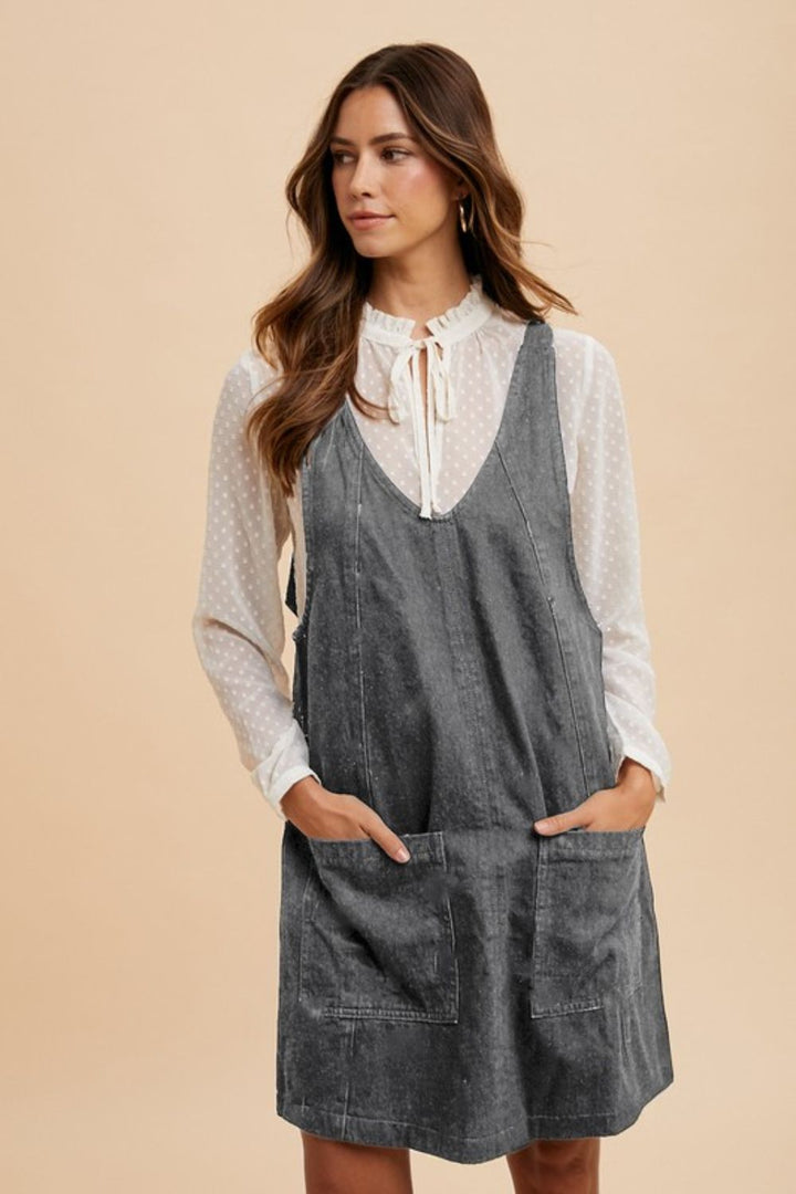 Annie Wear Adjustable Strap Denim Overall Dress with Pockets In Charcoal