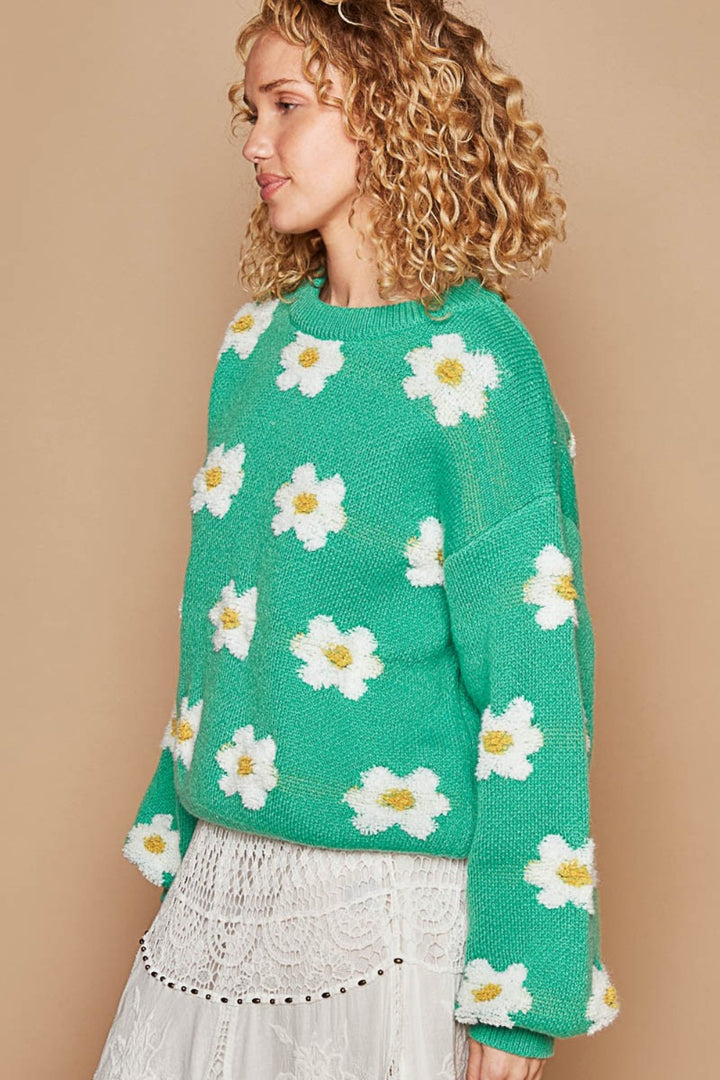 POL Daisy Pattern Drop Shoulder Sweater In Shamrock