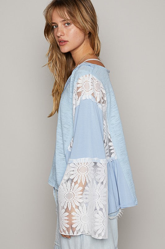 POL Lace Detail Flare Sleeve Blouse In Powder Blue