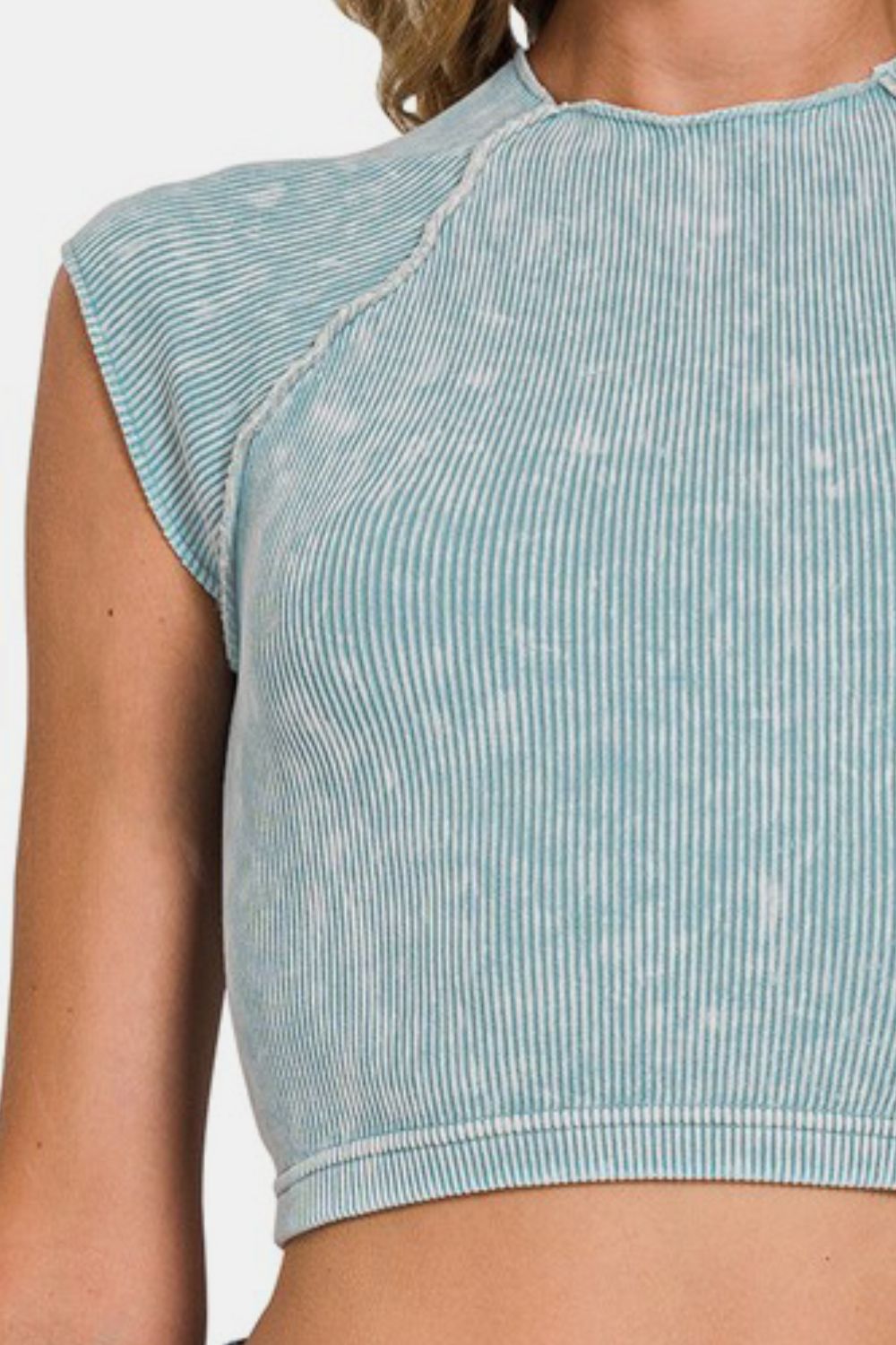 Zenana Ribbed Cropped Top In Blue Grey