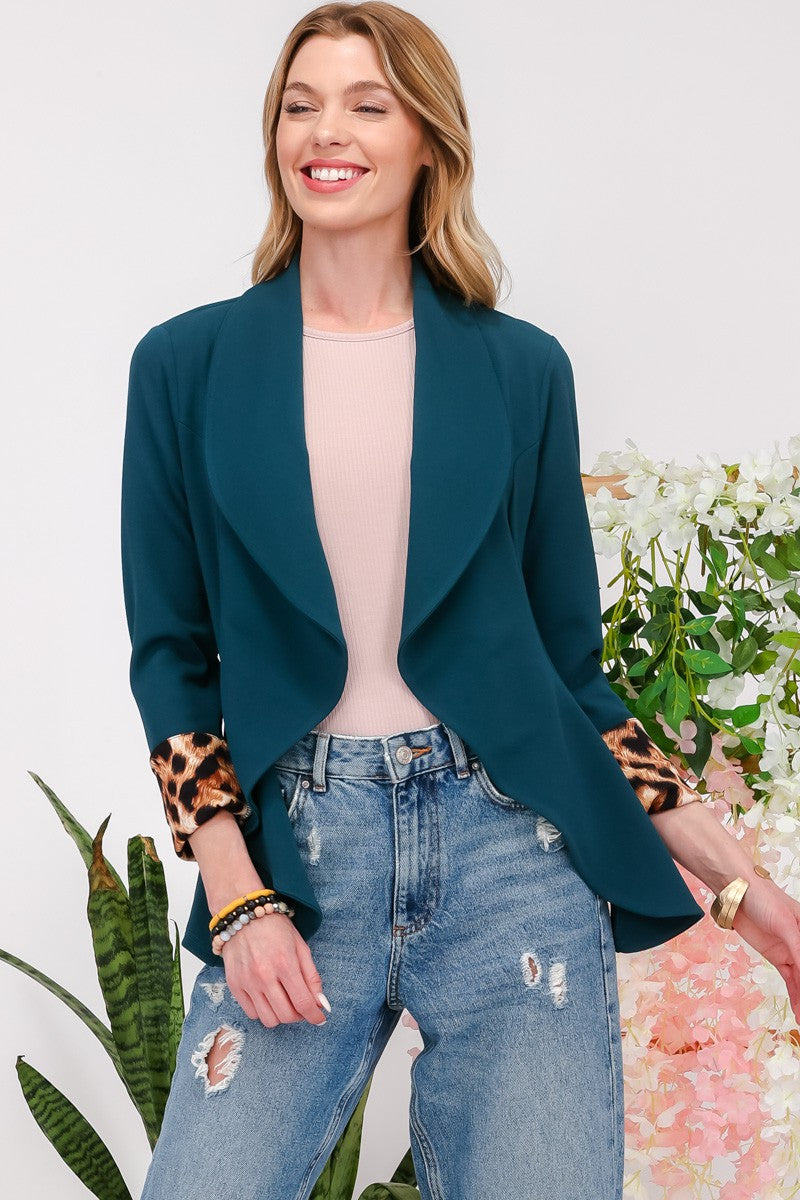 Leopard Cuff Open Front Blazer In Green