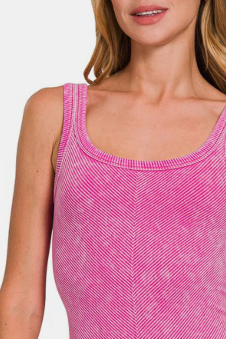 Zenana Ribbed Scoop Neck Tank In Hot Pink