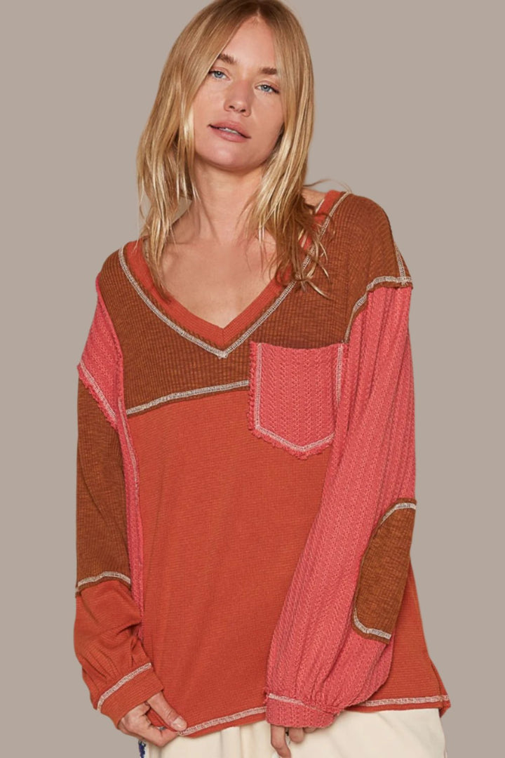 POL V-Neck Knit Panel Exposed Seam Top In Brick