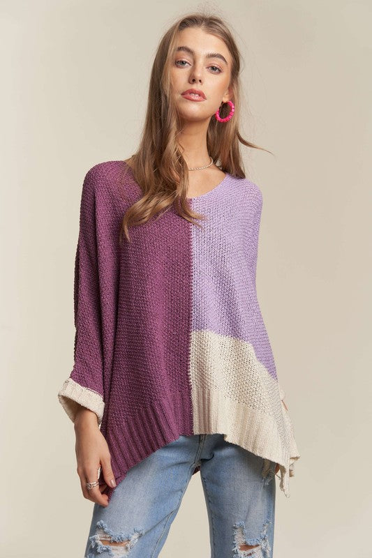 ADORA Side Slit Color Block Sweater In Deep Purple