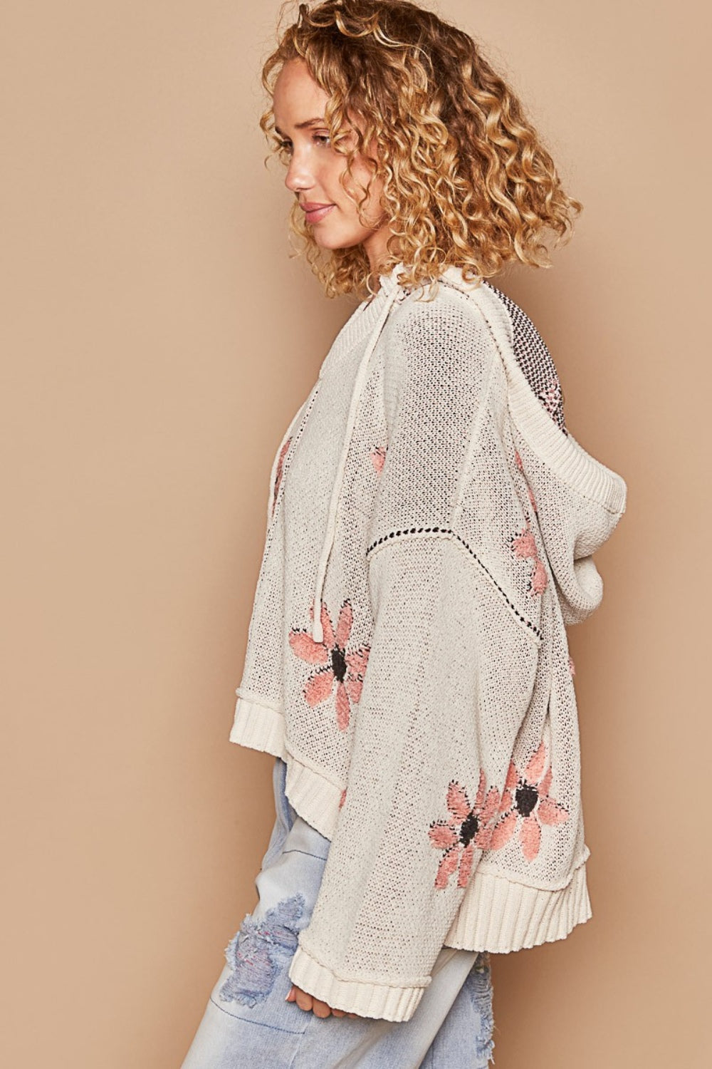 POL Floral Pattern Hooded High-Low Sweater In Pale Almond