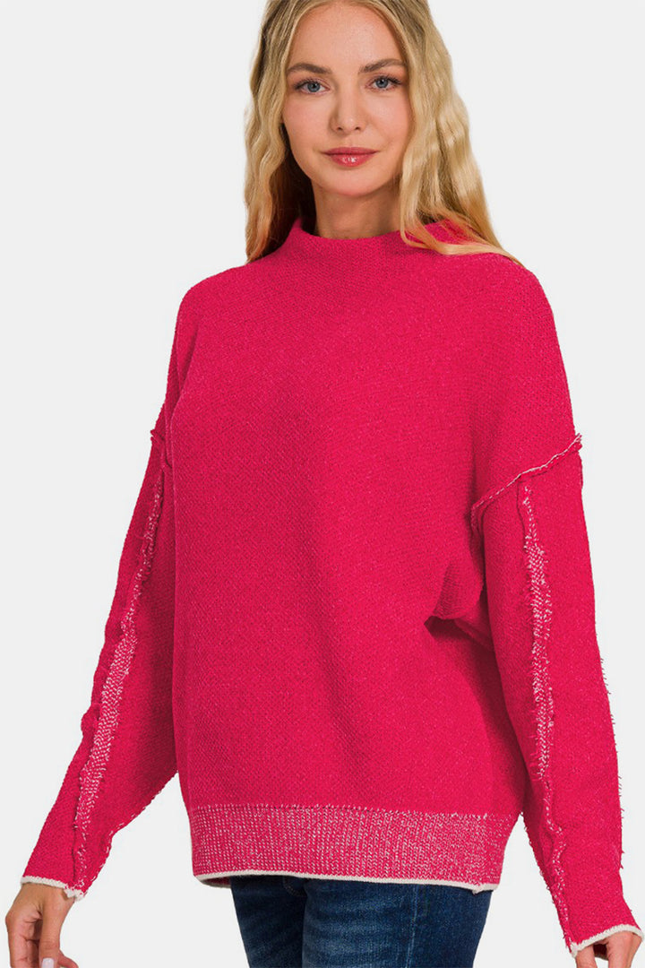 Zenana Exposed Seam Mock Neck Sweater In Viva Magenta