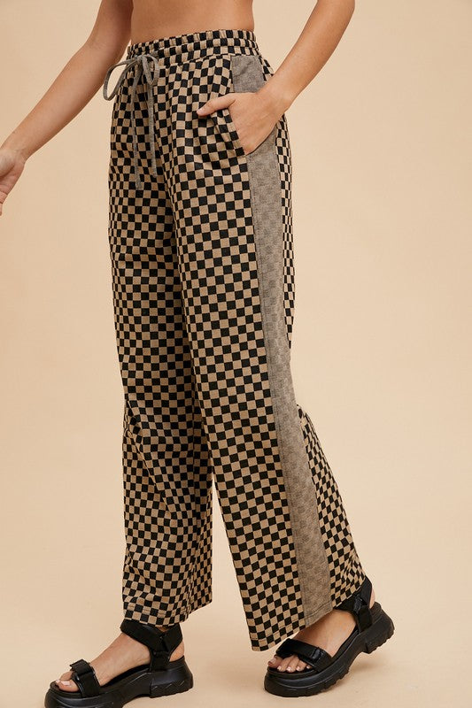 Annie Wear Drawstring Checkered Wide Leg Pants In Camel