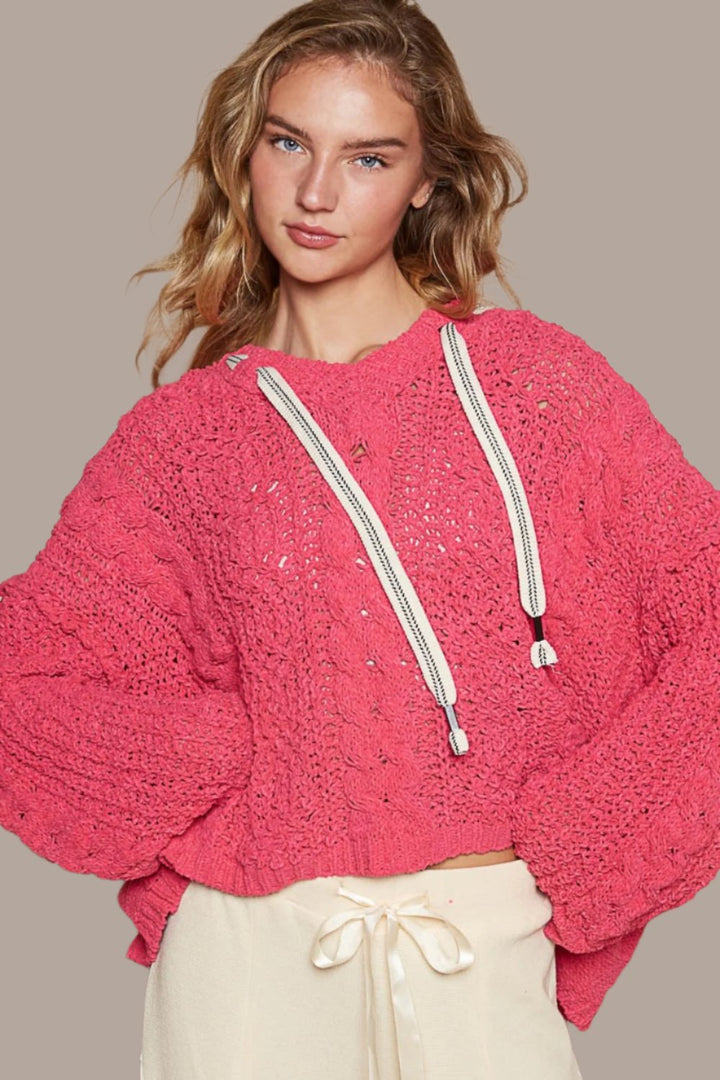 POL Cable Knit Hooded Chenille Sweater In Fuchsia