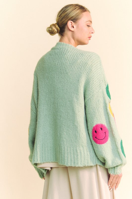 Davi & Dani Fuzzy Smile Cardigan In Sage