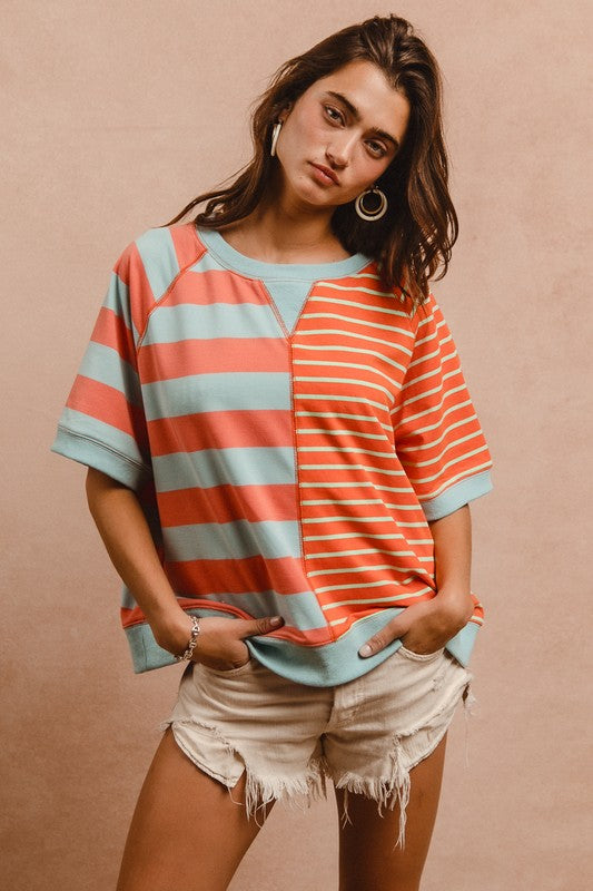 BiBi Striped French Terry Top In Coral