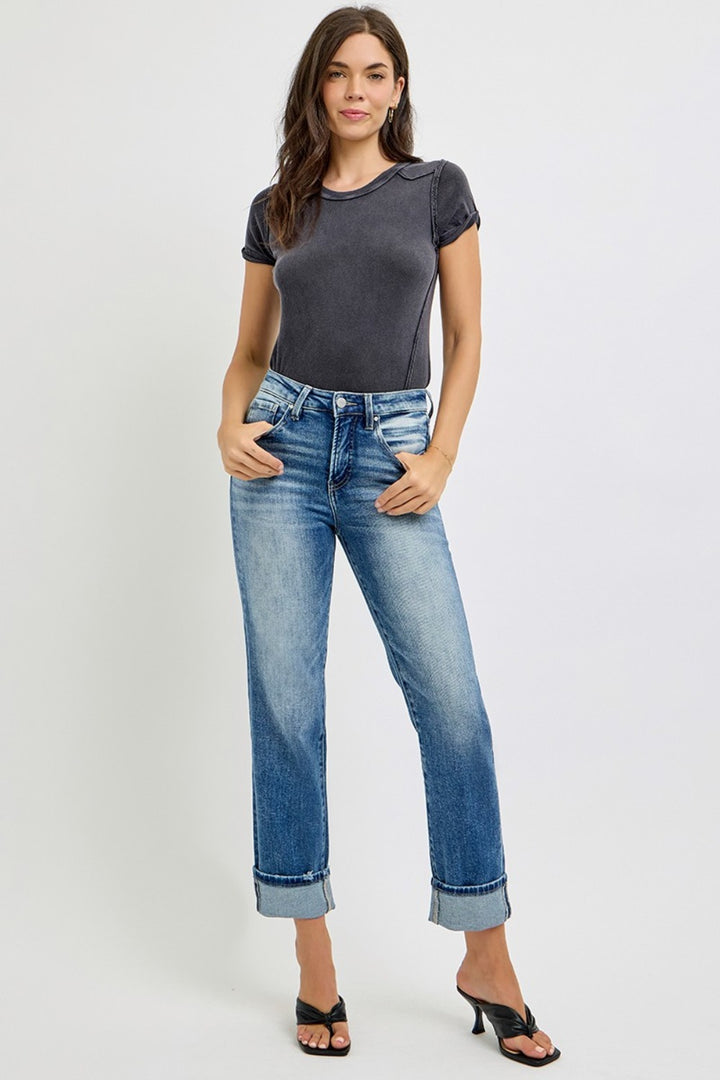 RISEN High Rise Crop Straight Roll Up Jeans In Medium Wash