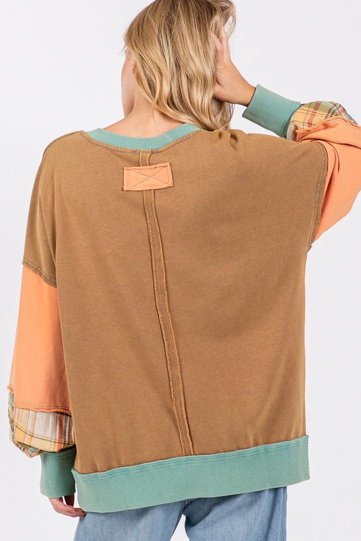 SAGE + FIG Mineral Wash Raw Edge Color Block Sweatshirt In Hazelnut