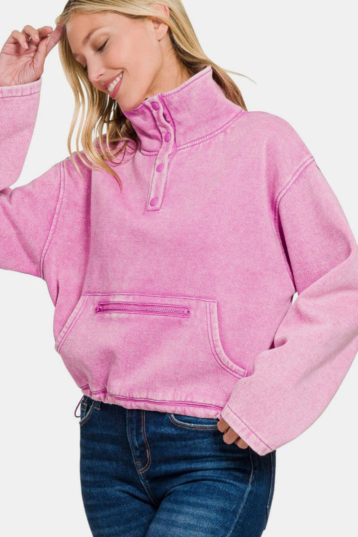 Zenana Acid Wash Fleece Half Snap Sweatshirt with Pocket In Mauve