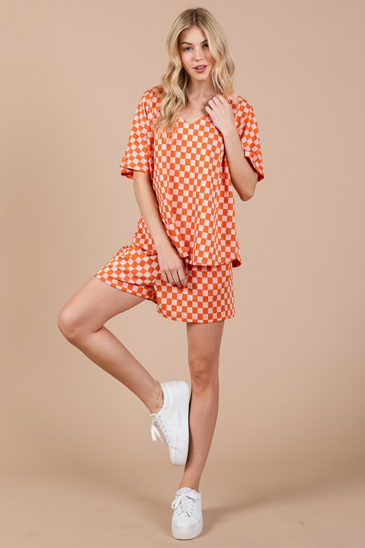 Ces Femme Checkered Top and Shorts Set In Orange