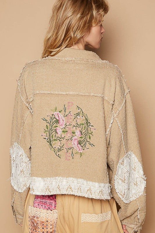 POL Crochet Patch Embroidered Button Up Jacket In Sand