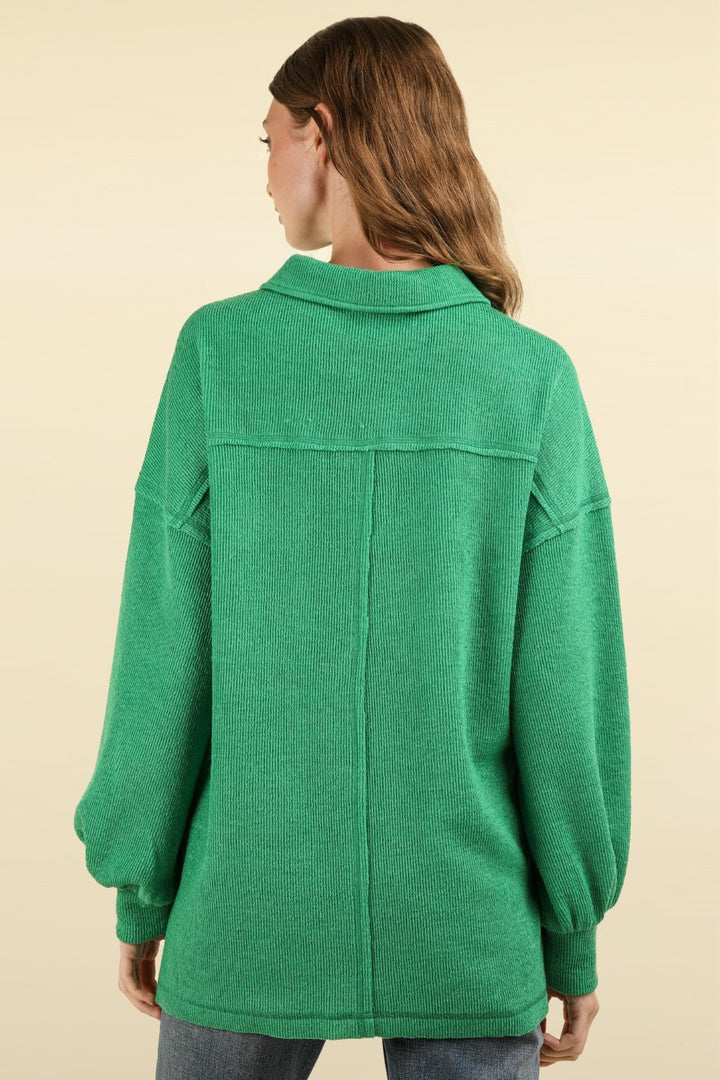 VERY J Collared Half Button Knit Top with Pockets In Green