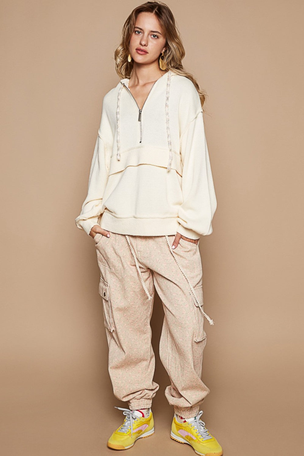 POL Half Zip Drop Shoulder Hooded Sweater In Cream