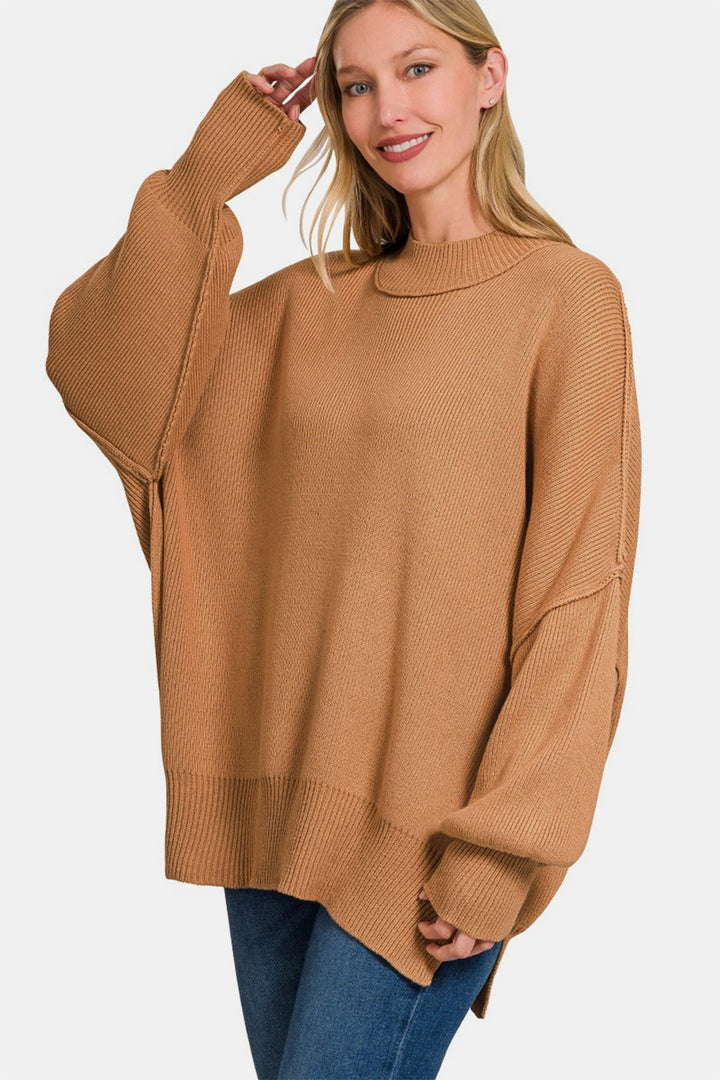 Zenana Side Sit Oversize Sweater In Deep Camel