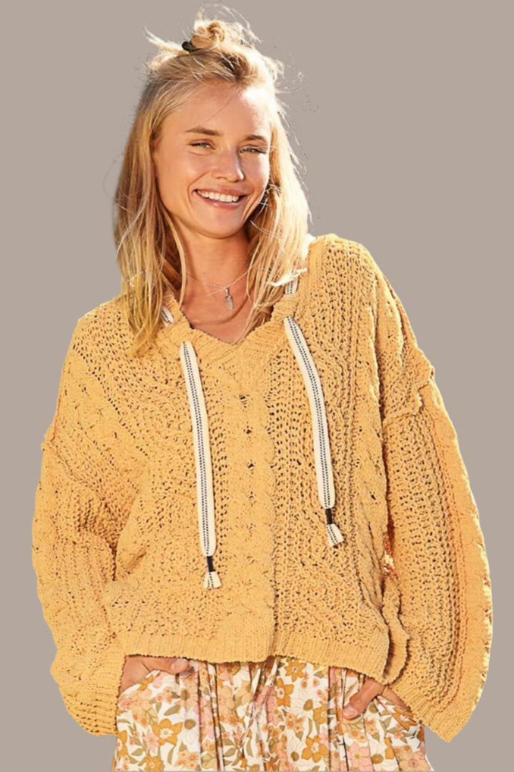 POL Cable Knit Hooded Chenille Sweater In Honey Gold