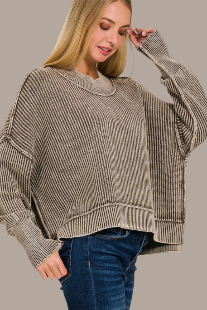 Zenana Exposed Seam Sweater In Mocha