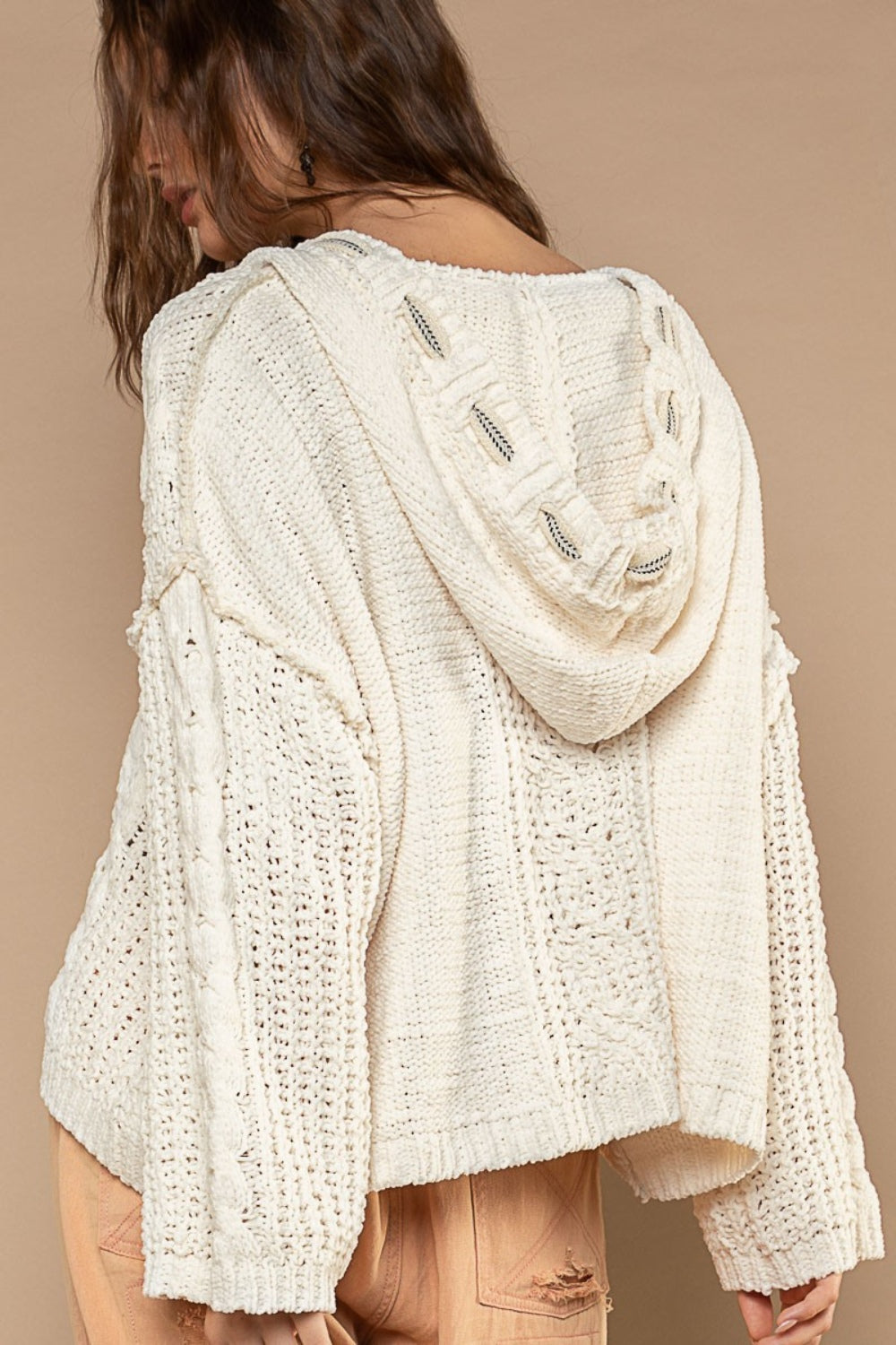 POL Cable Knit Hooded Chenille Sweater In Cream