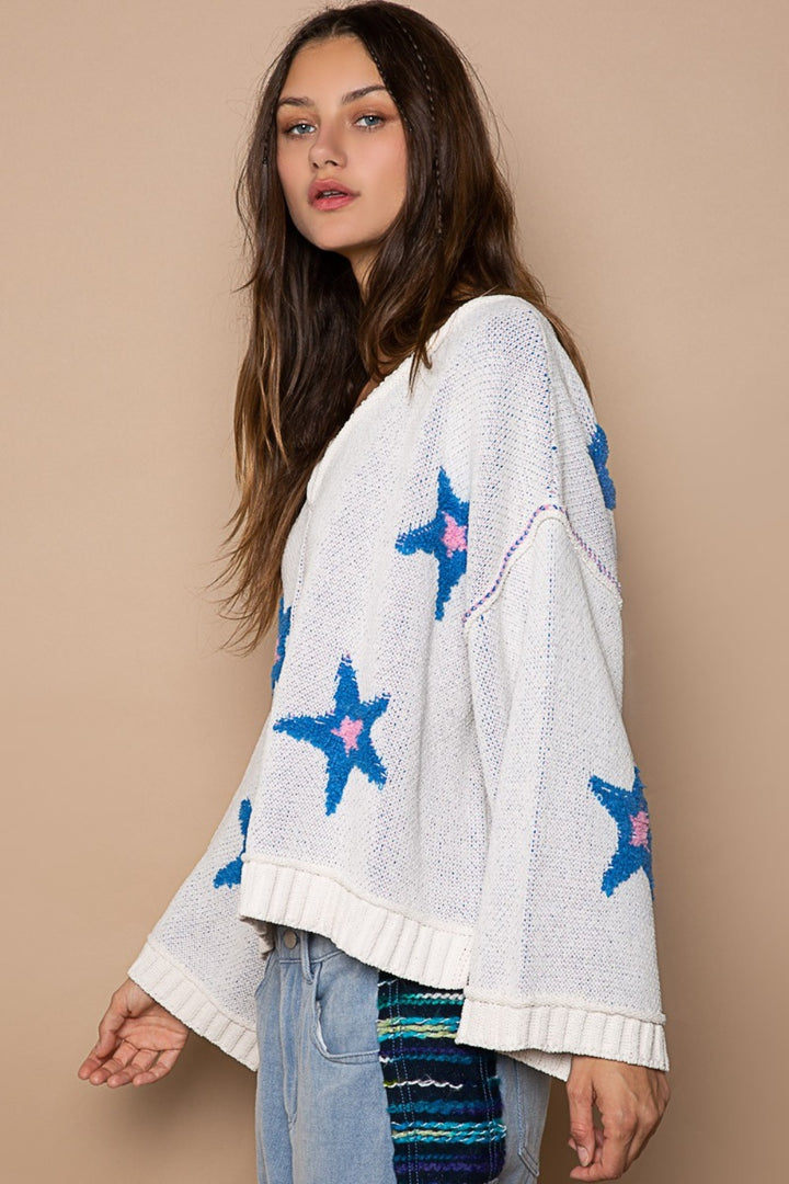 POL Long Sleeve Star Patch Sweater In White