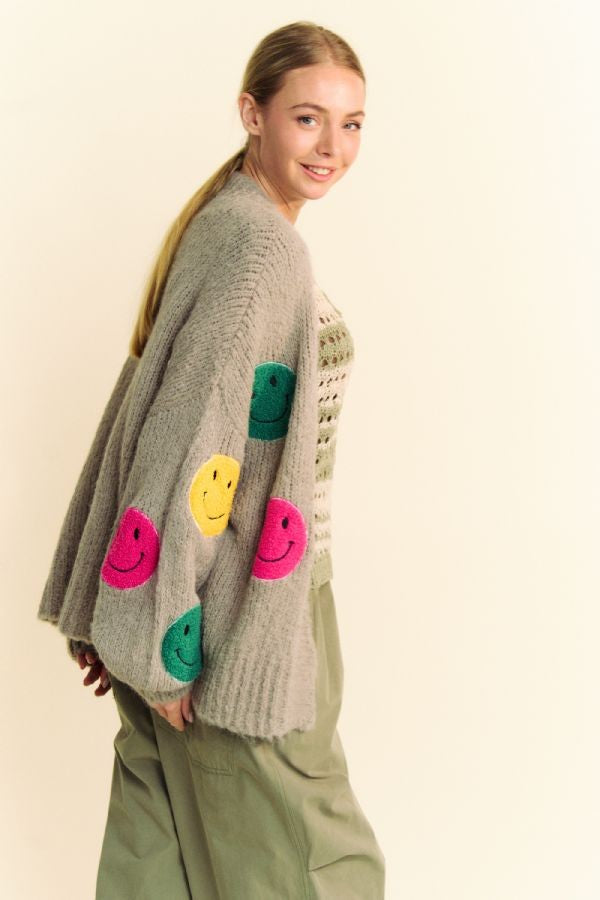 Davi & Dani Fuzzy Smile Cardigan In Gray