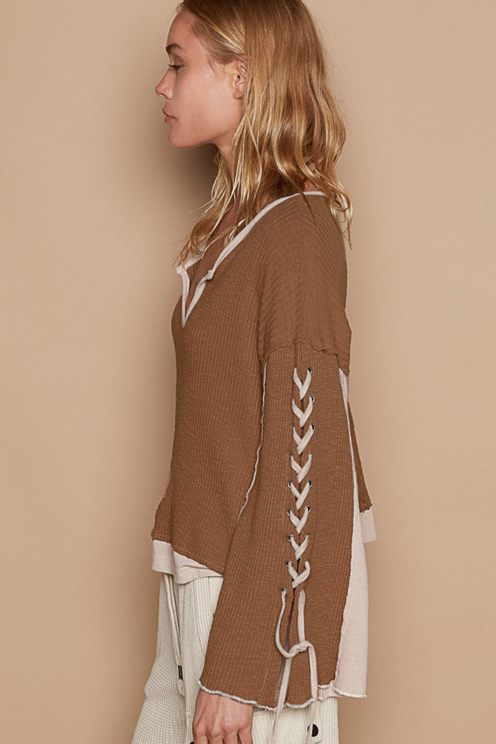 POL Lace-Up Sleeve Color Block Ribbed Knit Top In Milk Chocolate