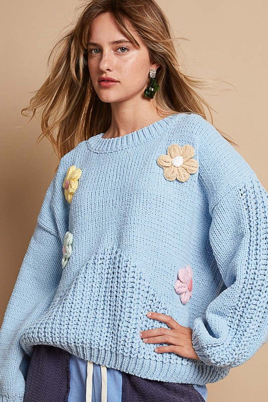 POL Crochet Flower Sweater In Light Blue