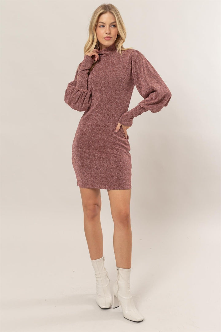 HYFVE Glitter Mock Neck Long Sleeve Mini Dress In Rose