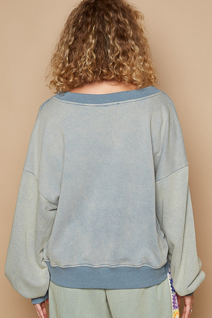 POL V-Cutout Rib Band Long Sleeve Sweatshirt In Blue