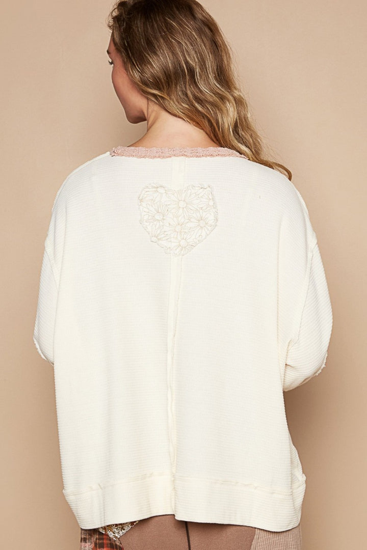 POL Round Neck Long Sleeve Thermal Knit Patch Top In Cream