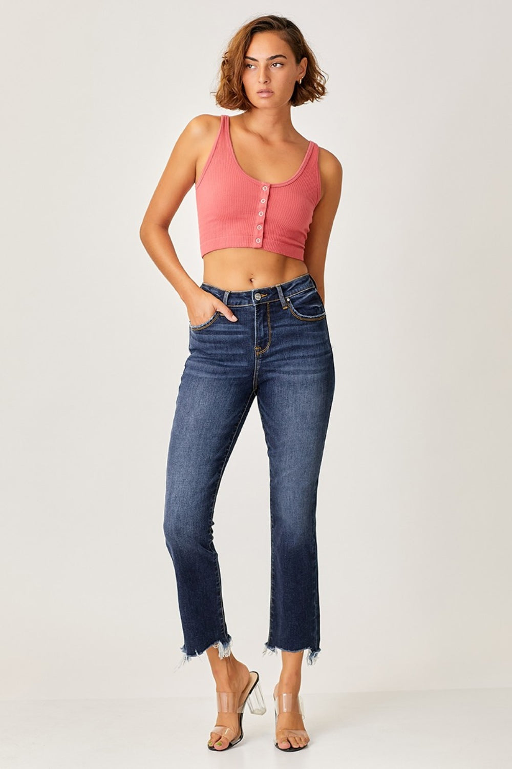 Risen Fash Frayed Hem Cropped Straight Jeans