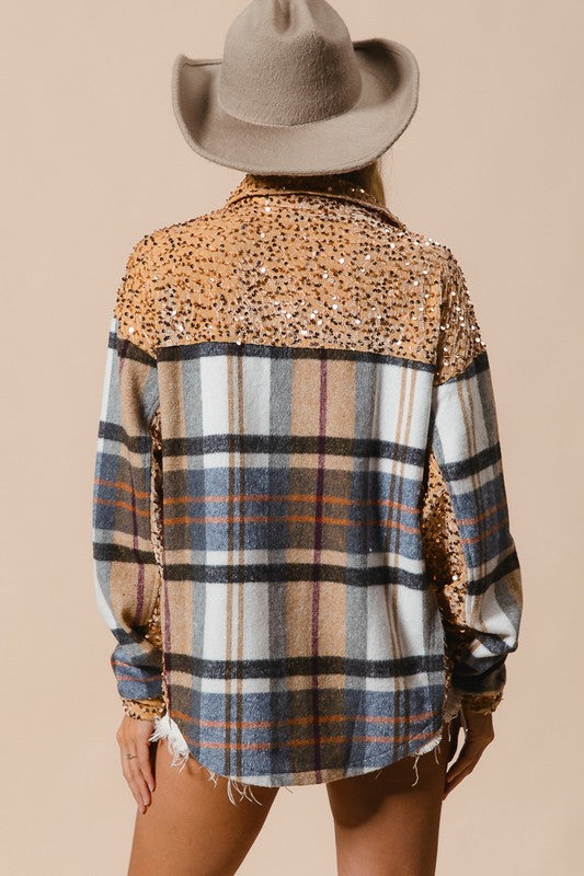 BiBi Curved Hem Sequin Plaid Button Up Shacket In Latte