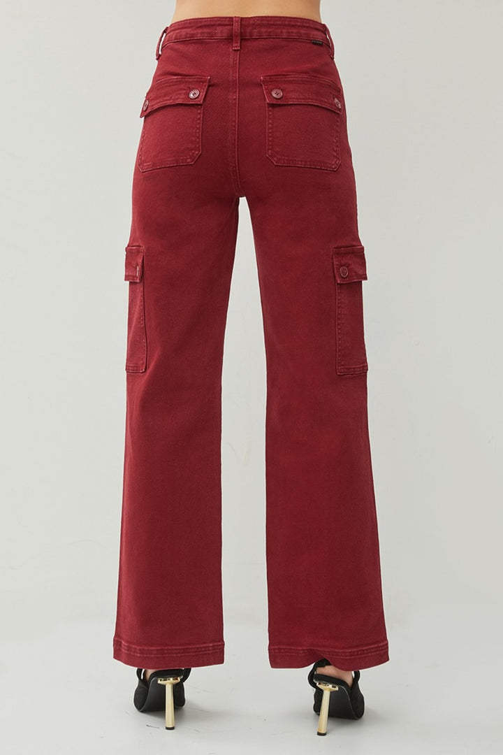 RISEN High Rise Wide Leg Cargo Jeans In Wine