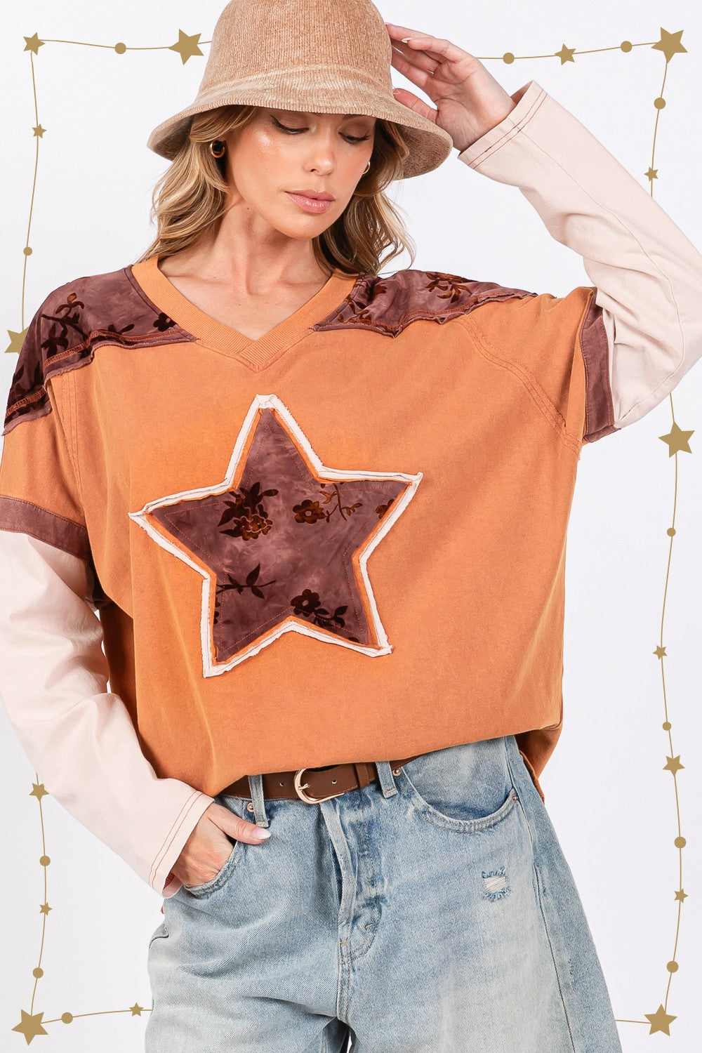 SAGE + FIG Star Patch Long Sleeve Color Block Top In Rust