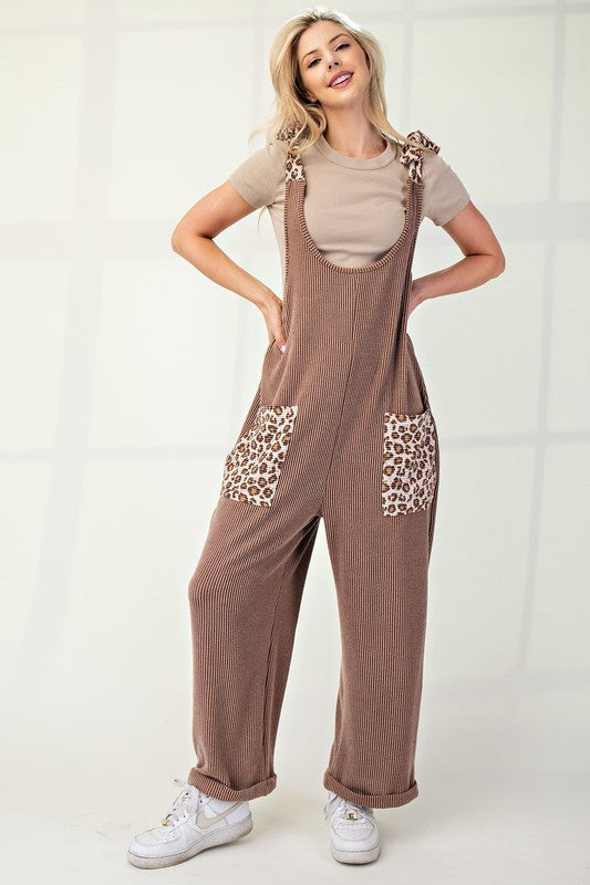 Celeste Ribbed Leopard Tied Shoulder Overalls In Taupe