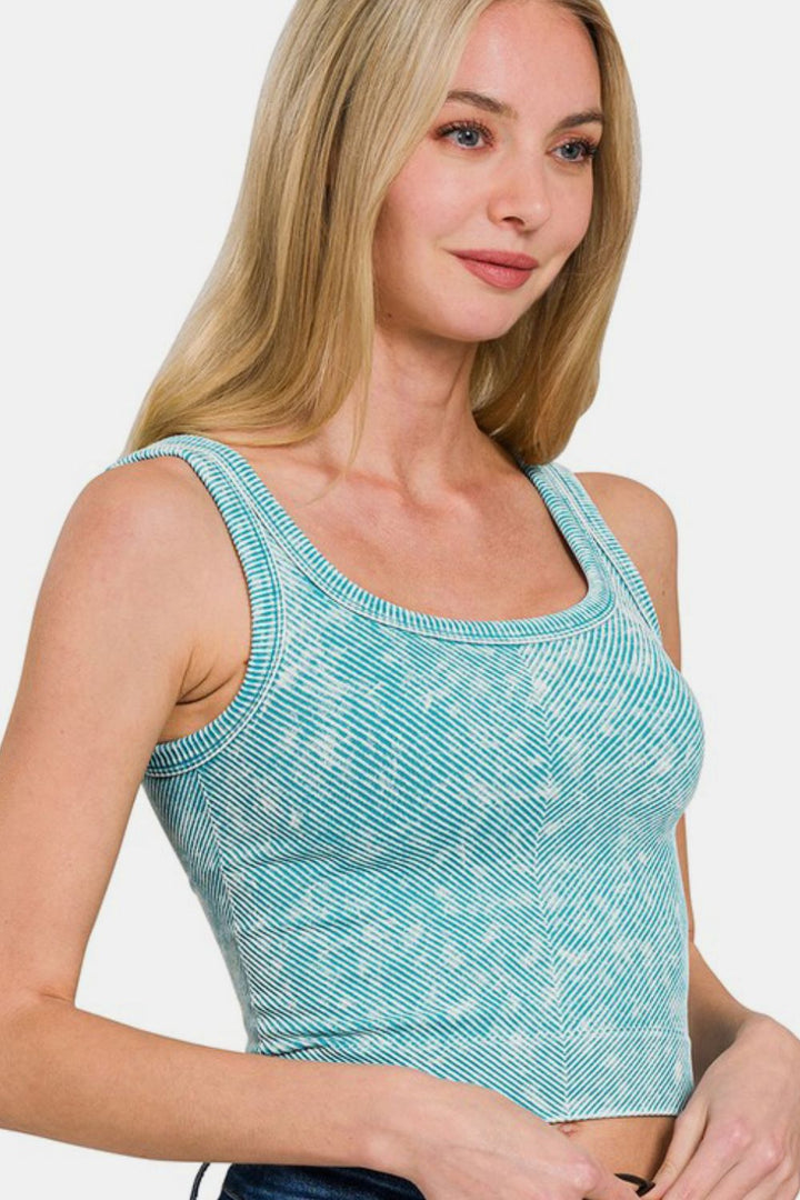 Zenana Washed Ribbed Scoop Neck Wide Strap Tank In Ice Blue