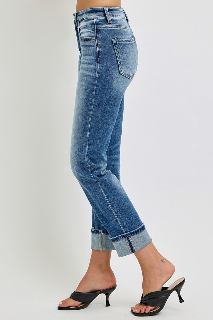 RISEN High Rise Crop Straight Roll Up Jeans In Medium Wash