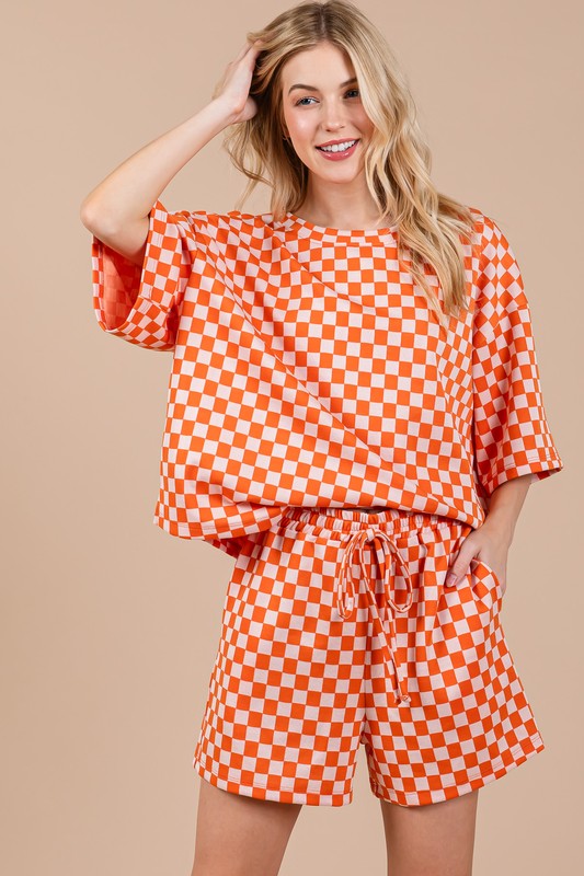 Ces Femme Checkered Top and Shorts Set In Orange