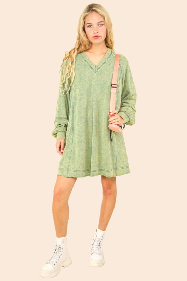 VERY J Mineral Washed Oversized A-Line Mini Dress In Forest