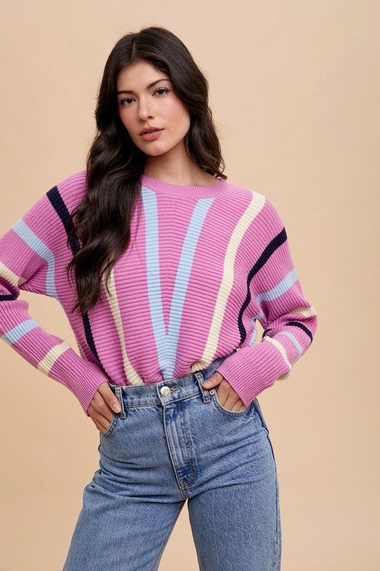 Annie Wear Chevron Stripe Ribbed Sweater In Orchid